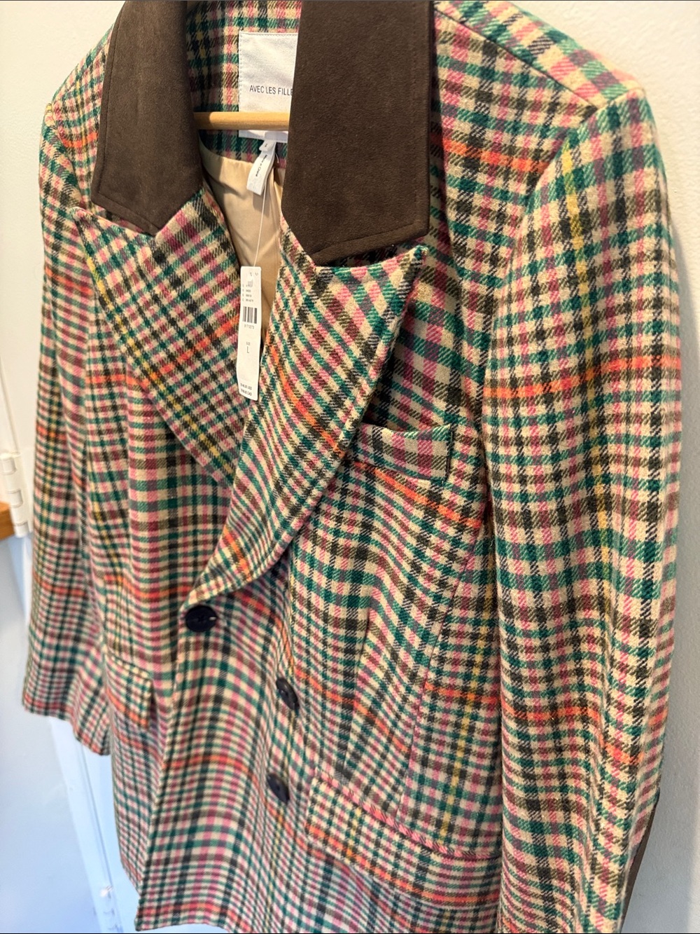 Avec Les Filles Green Multi-Check Double-Breasted Blazer with Brown Collar - Picture 3 of 6